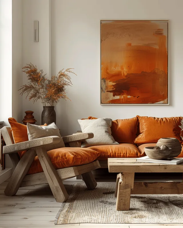 Orange sofa and armchair sit beside a wooden coffee table beneath a beige wall painting in a sunlit Scandinavian living room.
