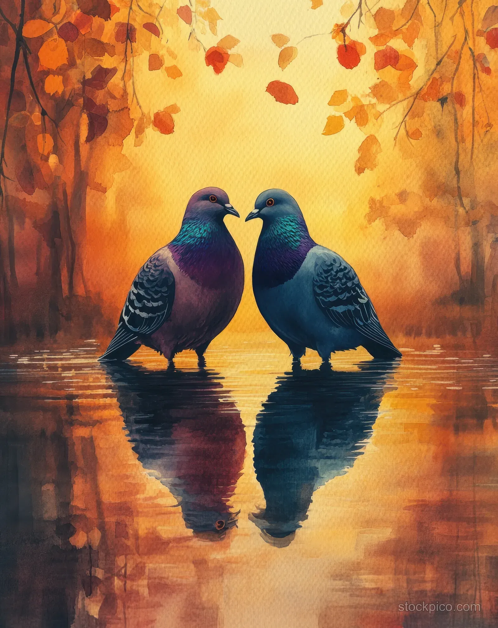 Two watercolor pigeons stand by a pond, reflected in still water with vibrant green foliage behind them.