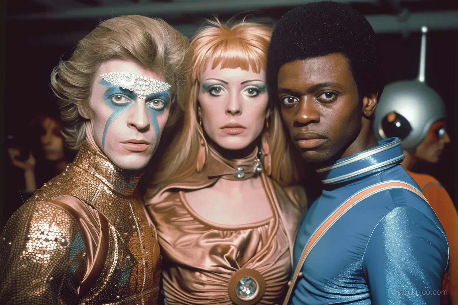 Retro sci-fi cast poses together in astronaut and alien costumes against a dark studio backdrop with grainy film texture.