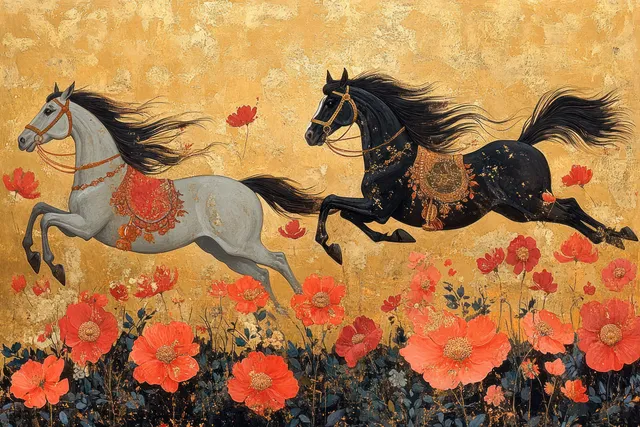 Two galloping Indian horses leap above a dense field of bright pink flowers with floral patterns in warm golden light.