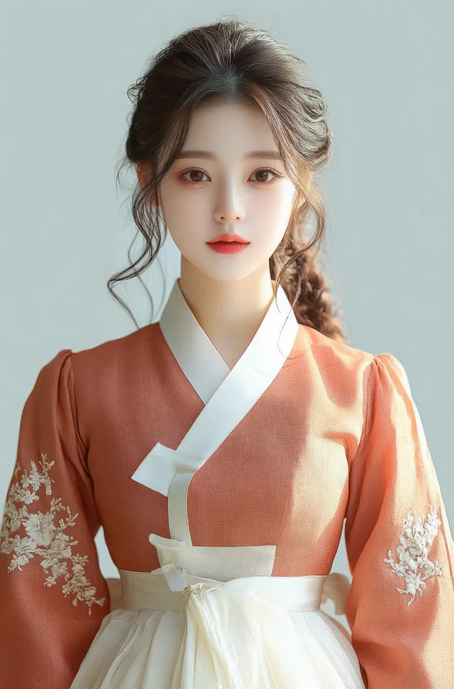 Young woman in warm hanbok with detailed embroidery, calm gaze on minimalist background