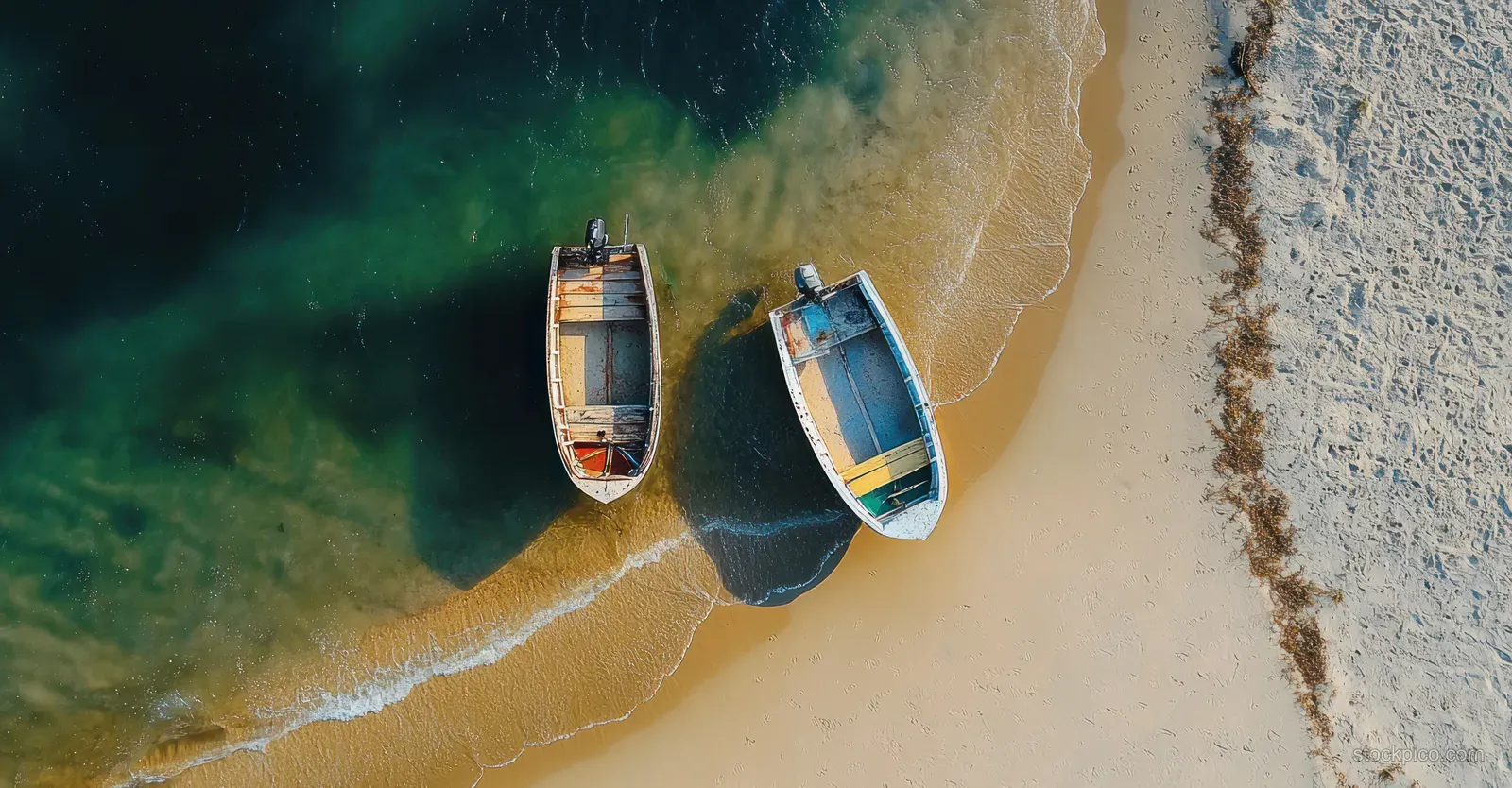 Two wooden boats sit anchored on a sandy beach with calm green-blue water under bright daylight.