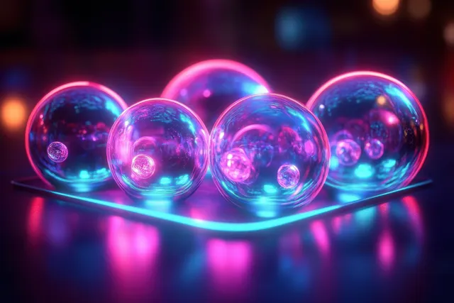 Neon pink and blue translucent spheres with smaller inner spheres glow and reflect on a dark flat surface.