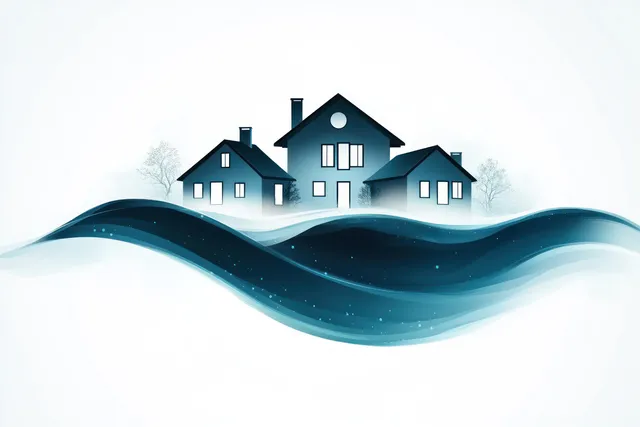 Three stylized houses sit atop flowing blue wave shapes with faint tree silhouettes in a misty background.