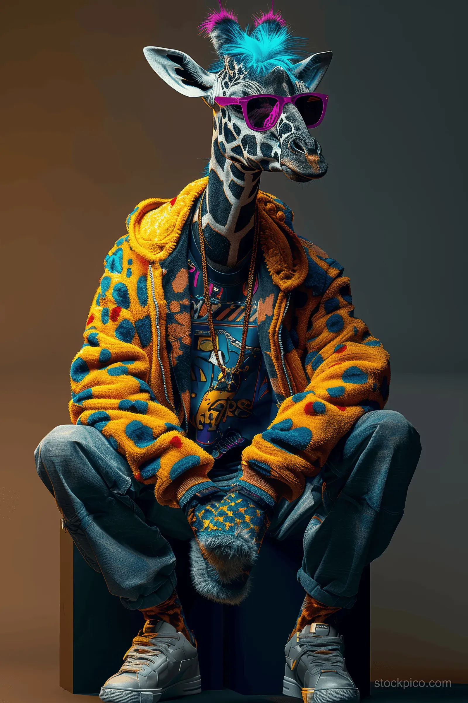 Anthropomorphic giraffe with blue hair, colorful hip hop jacket, and sneakers sits on a cube against a gradient background.