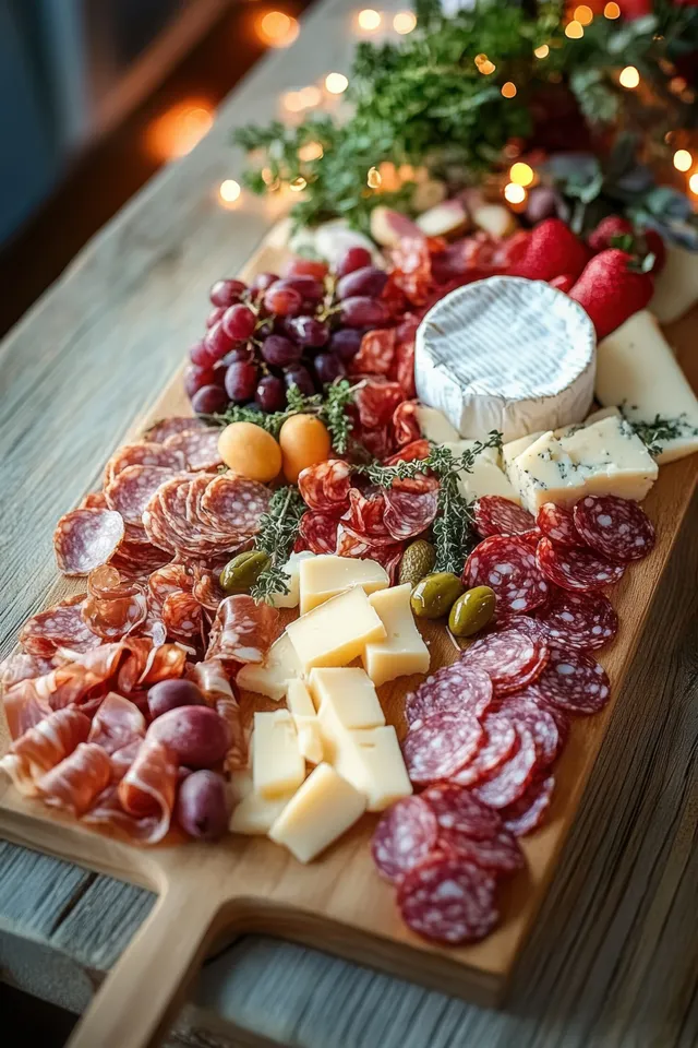 Rustic wooden charcuterie board with sliced cured meats, assorted cheeses, olives, grapes, strawberries, and fresh herbs under warm lights.