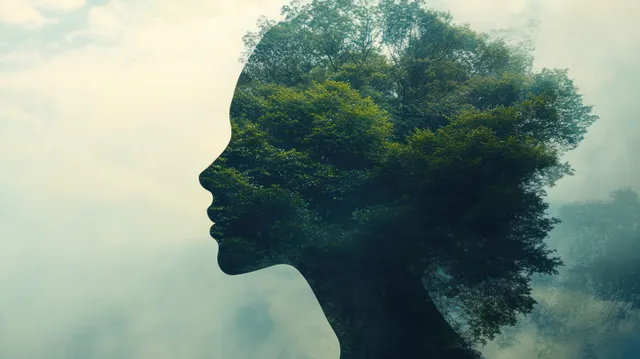 Human profile silhouette filled with dense green forest, surrounded by misty calm atmosphere