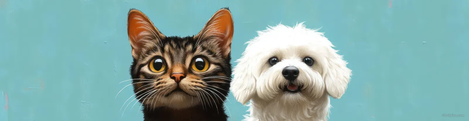 Tabby cat and white dog pose side by side against a blue background with expressive eyes.