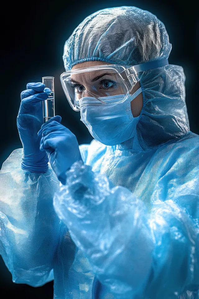 Gloved scientist in hazmat suit examining test tube under blue laboratory lights