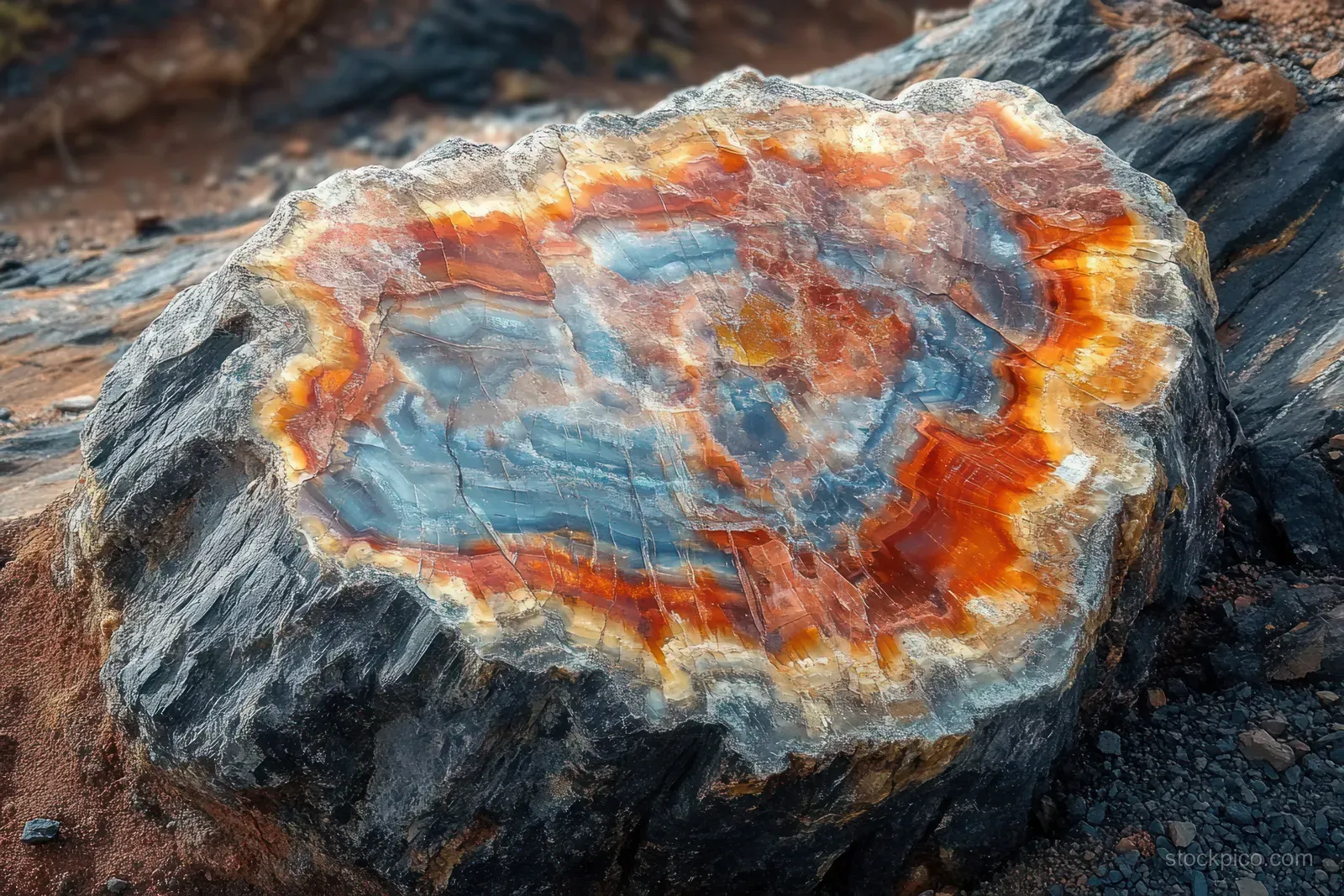 A polished petrified wood slice displays vivid blue, orange, and red mineral banding on rough dark rock.