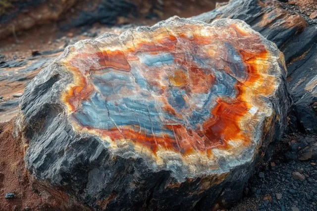 A polished petrified wood slice displays vivid blue, orange, and red mineral banding on rough dark rock.