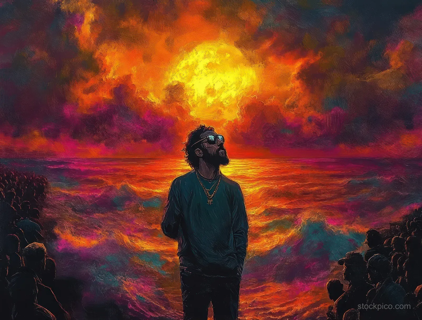 Sunglasses-clad man stands contemplating at the ocean’s edge as crowds silhouette against a fiery sunset sky.