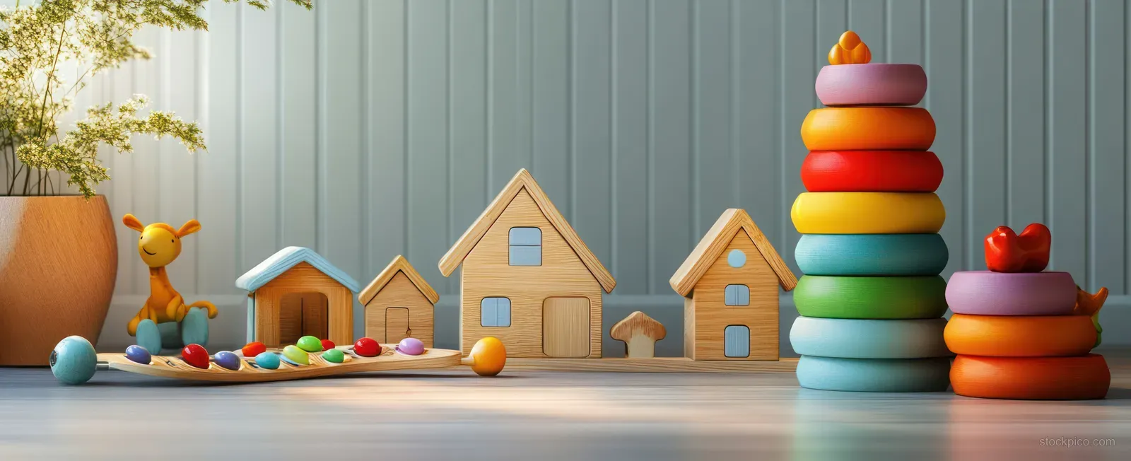 Colorful stacking rings and wooden house-shaped blocks arranged on a play table under soft daylight.