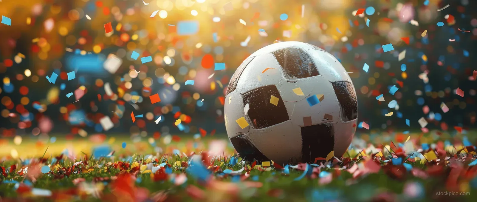A soccer ball sits on a green pitch with colorful confetti exploding in the background.