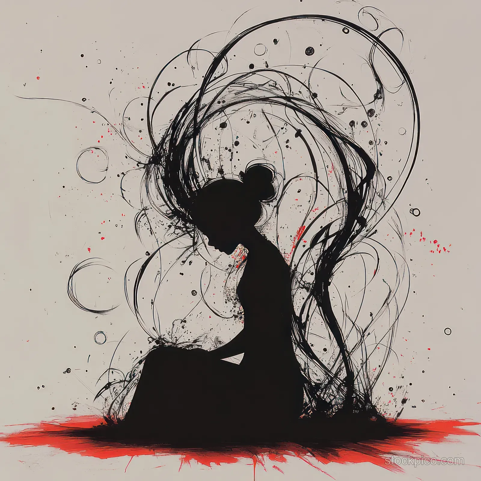Seated woman silhouette with hair turning into swirling line and dot patterns surrounded by red splashes.