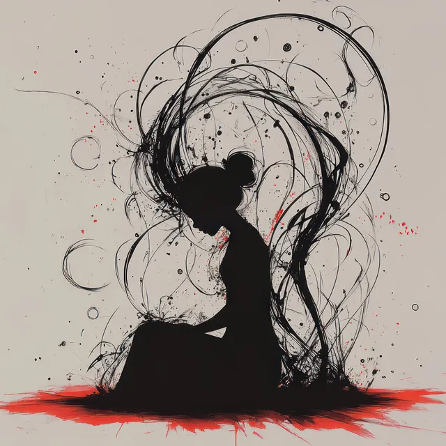 Seated woman silhouette with hair turning into swirling line and dot patterns surrounded by red splashes.