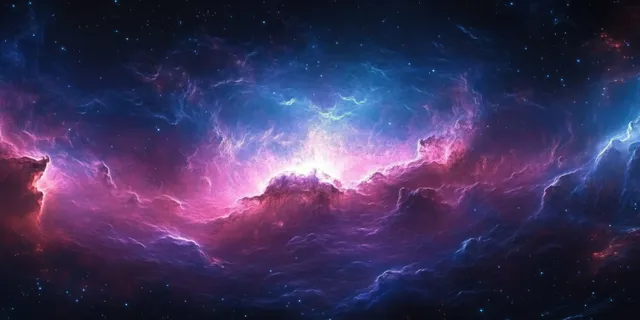 Panoramic pink and blue nebula glows across deep space with scattered stars and wispy gas clouds.