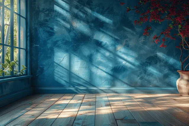Sunlight streams through a window into an empty blue-walled room, casting striped shadows on a wooden floor.
