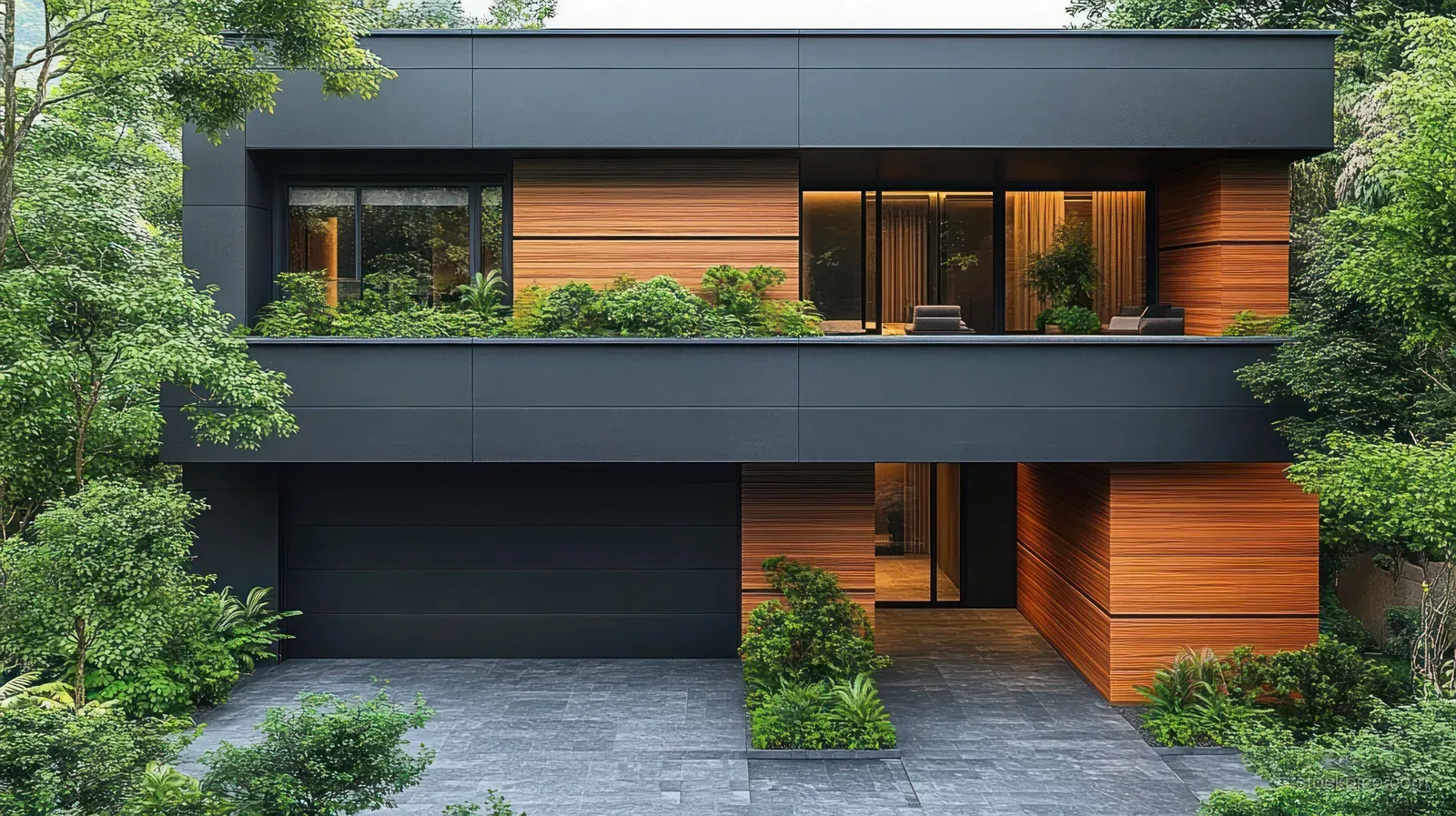 Modern home facade with black wood elements, warm wood panels, and surrounding green plants by the entrance driveway.