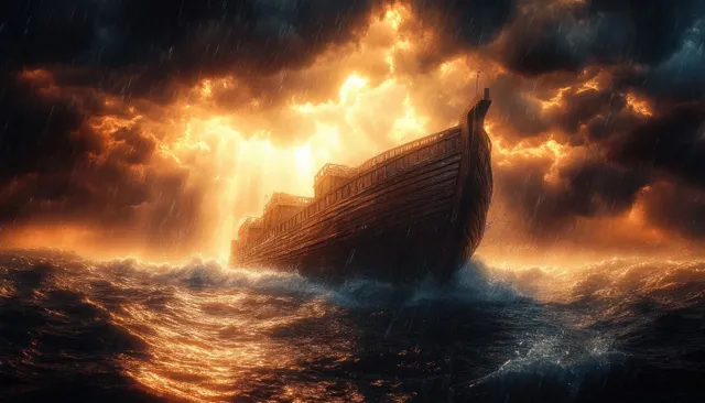 A wooden sailing ship rides rough ocean waves under dark storm clouds as golden sunlight breaks through.