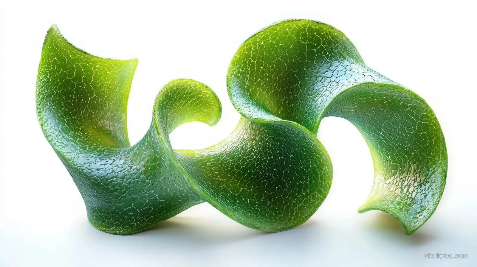 A curled twisted green leaf close-up shows textured surface and visible veins under bright natural light.