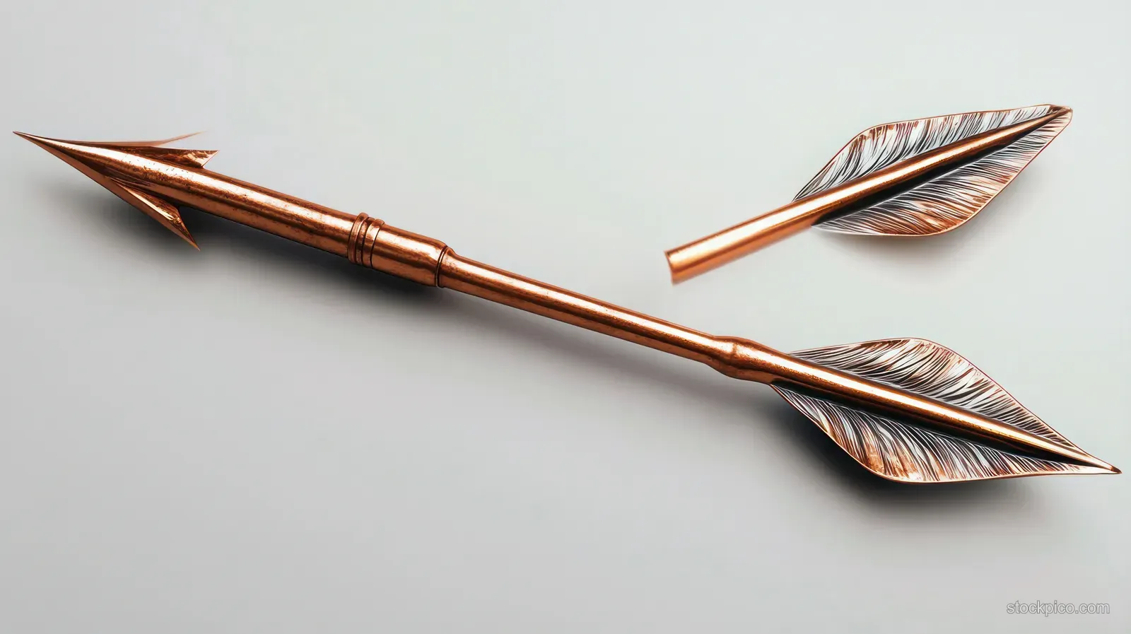 Shiny copper arrow with leaf-shaped fins and triangular arrowhead resting diagonally on a plain light background.