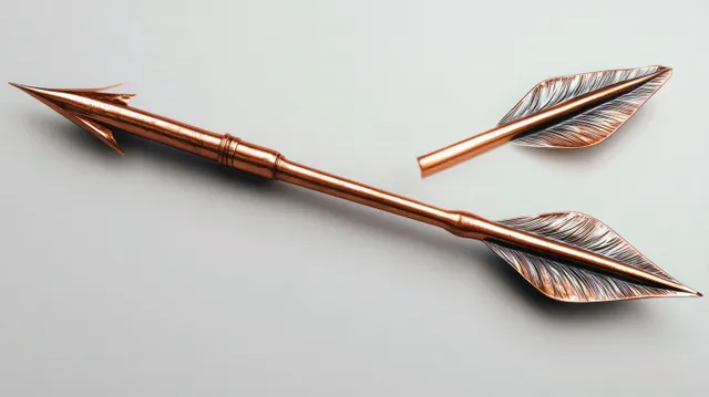 Shiny copper arrow with leaf-shaped fins and triangular arrowhead resting diagonally on a plain light background.