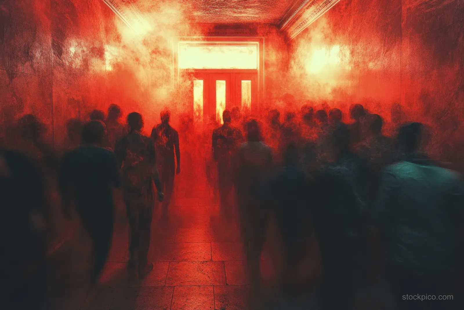 Crowd rushing down a dark corridor toward a glowing red doorway.