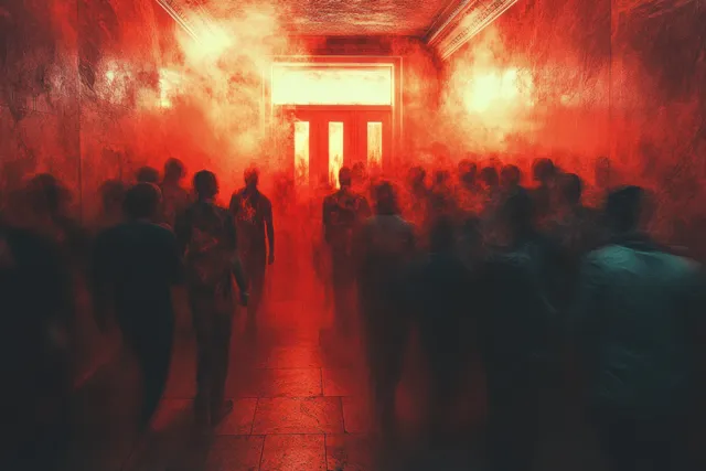 Crowd rushing toward a glowing red sale entrance