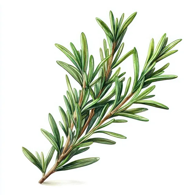 Fresh rosemary sprig illustration with needle leaves on thin stems against clean white background