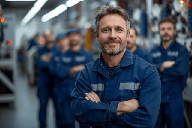 A blue-uniform technician stands confidently with arms crossed in front of a factory crew on a production floor.
