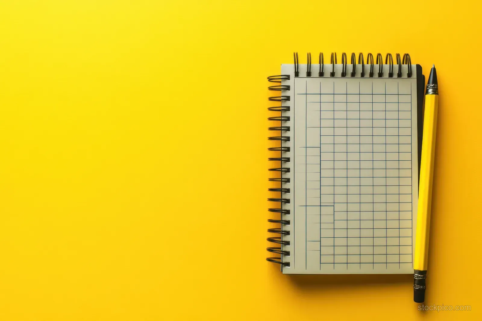 Top view of an open spiral calendar notebook and pencil on a bright yellow background.