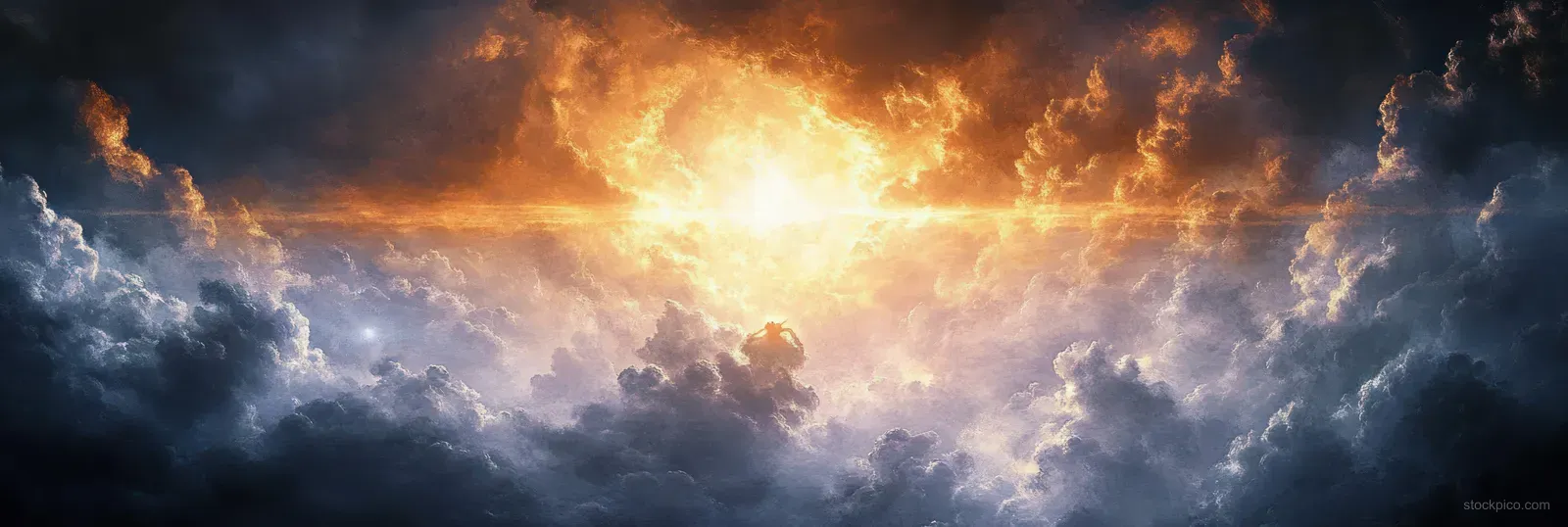 Silhouetted Jesus figure ascending into bright heavenly light surrounded by glowing clouds in a dark sky.