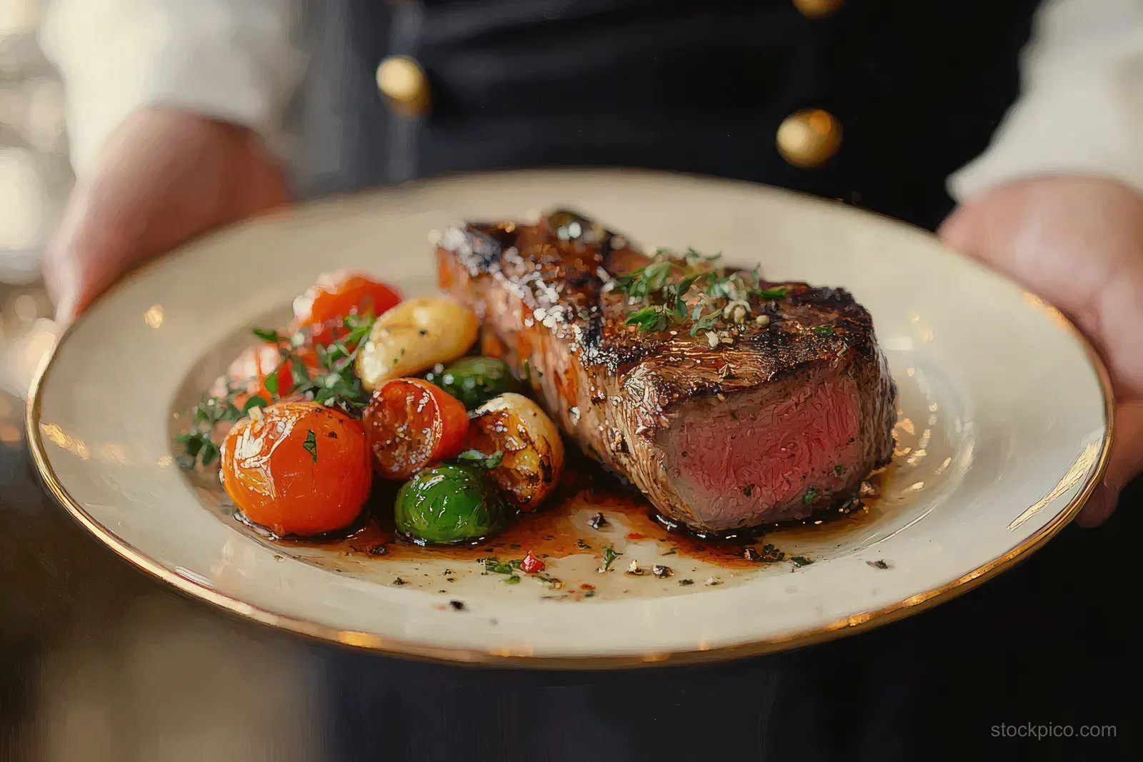 A person holds a plate with medium-rare steak topped with herbs, roasted cherry tomatoes, and garlic cloves.