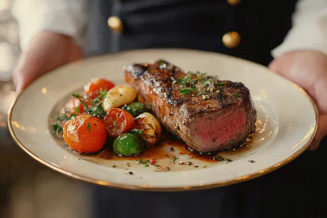 A person holds a plate with medium-rare steak topped with herbs, roasted cherry tomatoes, and garlic cloves.
