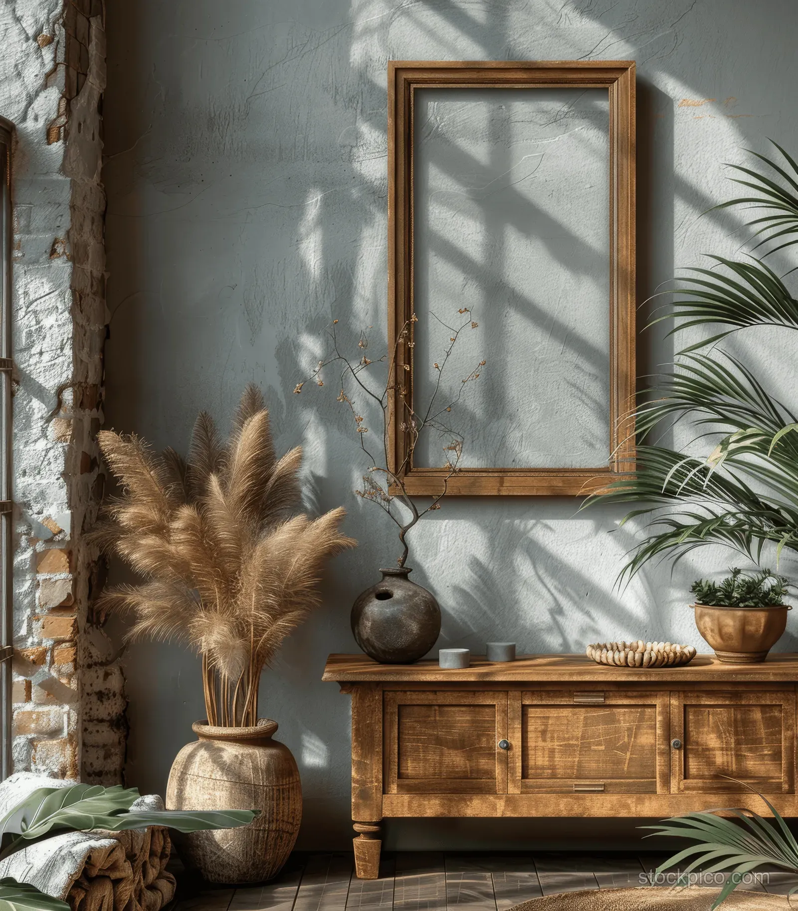 Sunlit coastal bedroom corner with a wooden console, framed wall art, and tropical plants by the window.