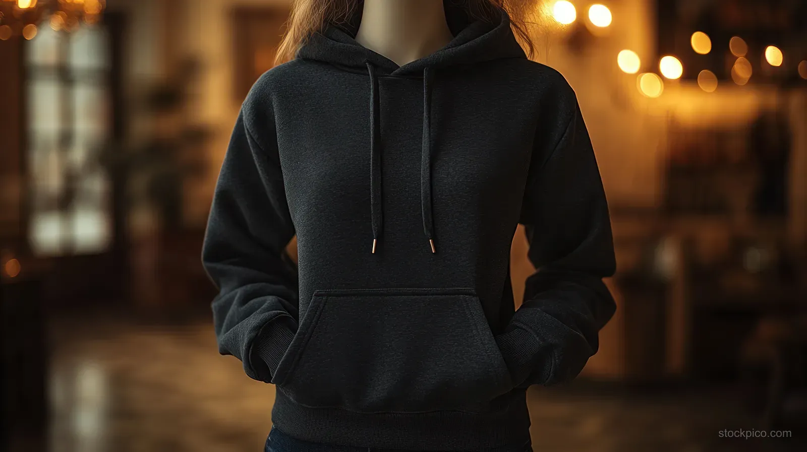 Black hoodie on a mannequin torso on a podium with soft light and visible fabric texture.