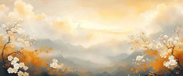 Cherry blossoms drifting over misty mountains under a golden sky glow