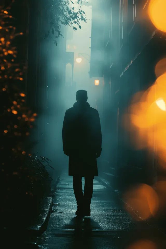 Silhouette man walking alone through foggy night alley under streetlight glow