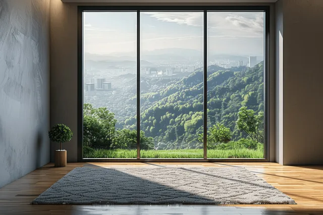 Empty modern loft interior with parquet floor and panoramic window showing a lush green valley view.