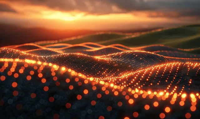 Glowing light dots form a digital network over green hills as the sun sets.