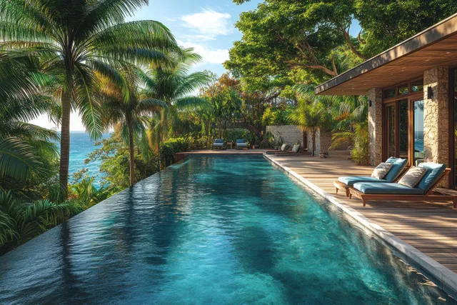 Sunlit wooden deck beside a tropical swimming pool with lounge chairs, palms, and lush green trees.