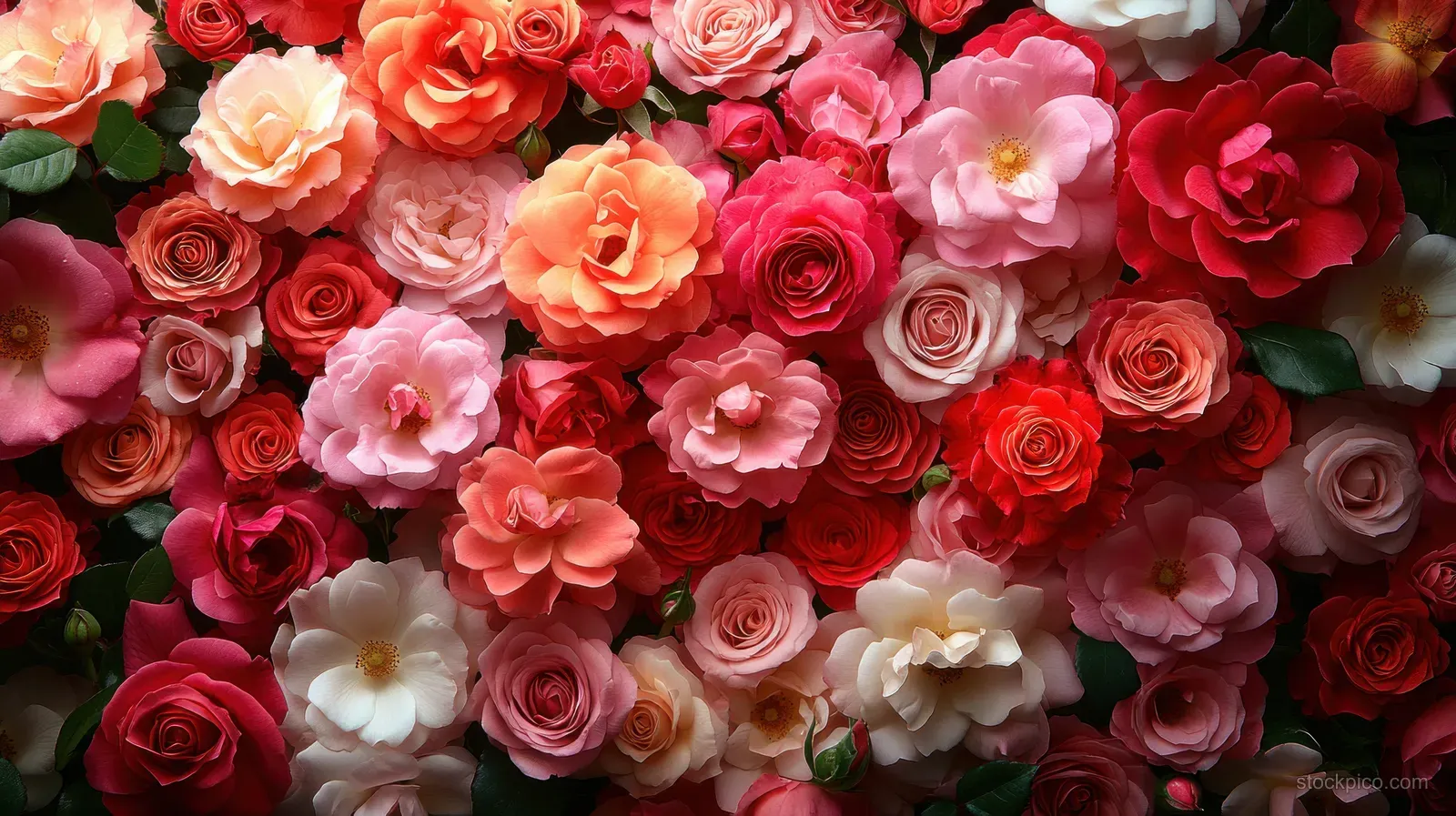 Close-up of densely packed blooming roses in red, pink, coral, and white with green leaves filling the frame.