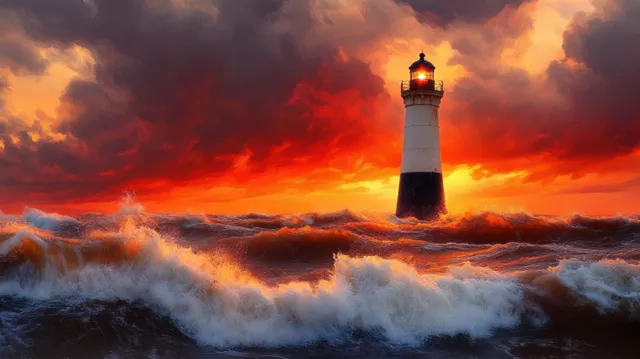 Tall lighthouse on a rocky coast with its light shining through crashing waves under a fiery red sunset sky.