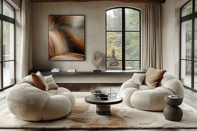 Minimalist living room showing round sofas, fluffy chairs, a small round coffee table, and arched windows with stone decor.