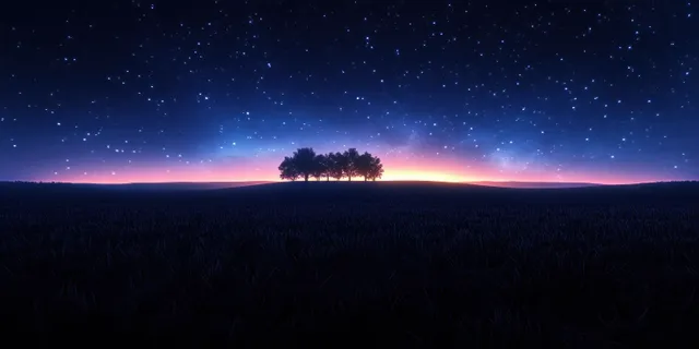 Starlit twilight sky with moonlight over silhouetted trees and a dark misty horizon.