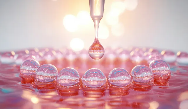 Serum dropper dispensing drops over translucent gel spheres in bright skincare macro light