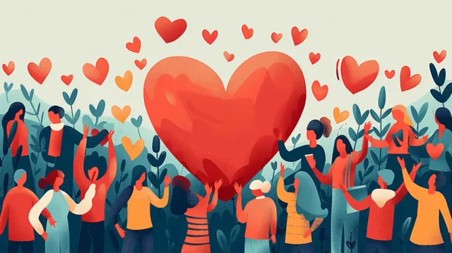 Diverse people stand together around a giant red heart with scattered small hearts above.