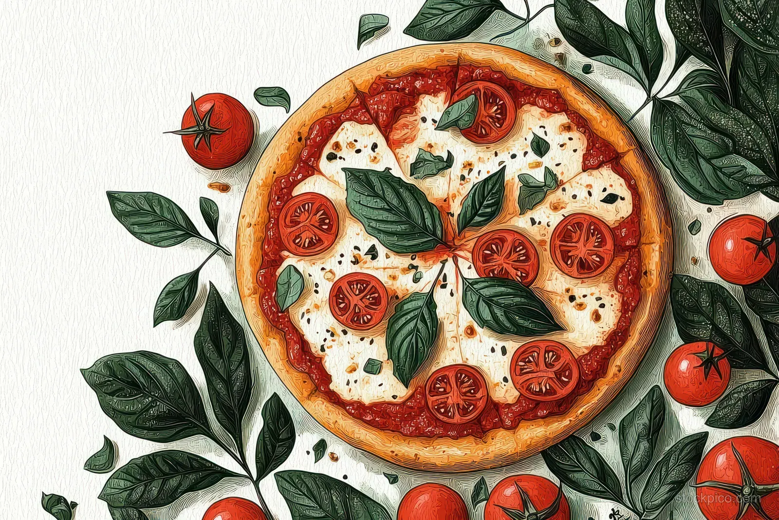 Margherita pizza topped with tomato slices and basil leaves sits amid ripe tomatoes and green herbs on a white textured background.