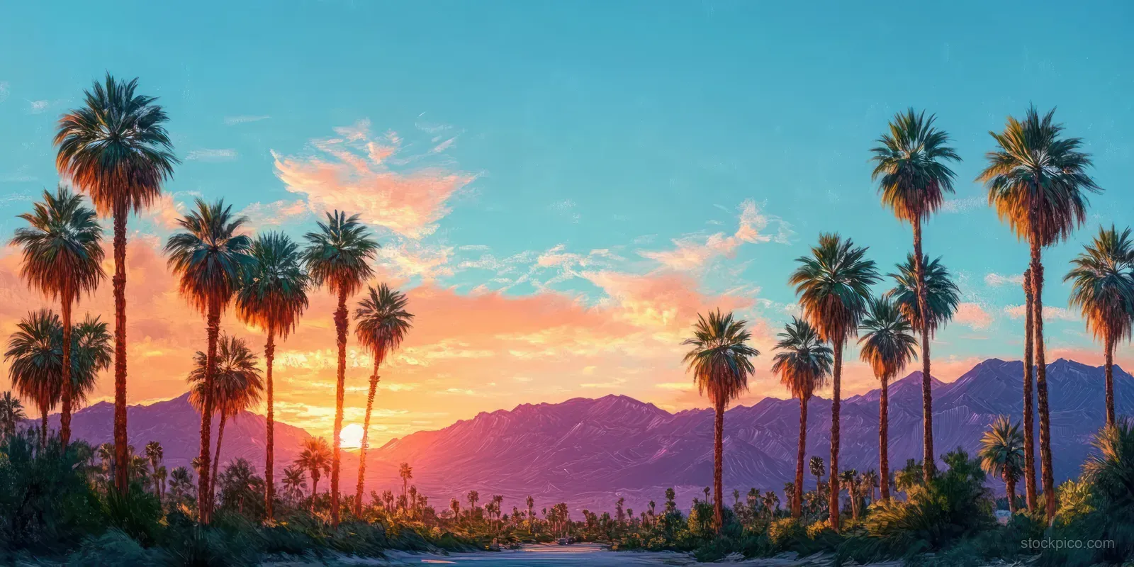 A tranquil Palm Springs desert landscape showcases palm trees, distant mountains, and a warm golden-hour sky.